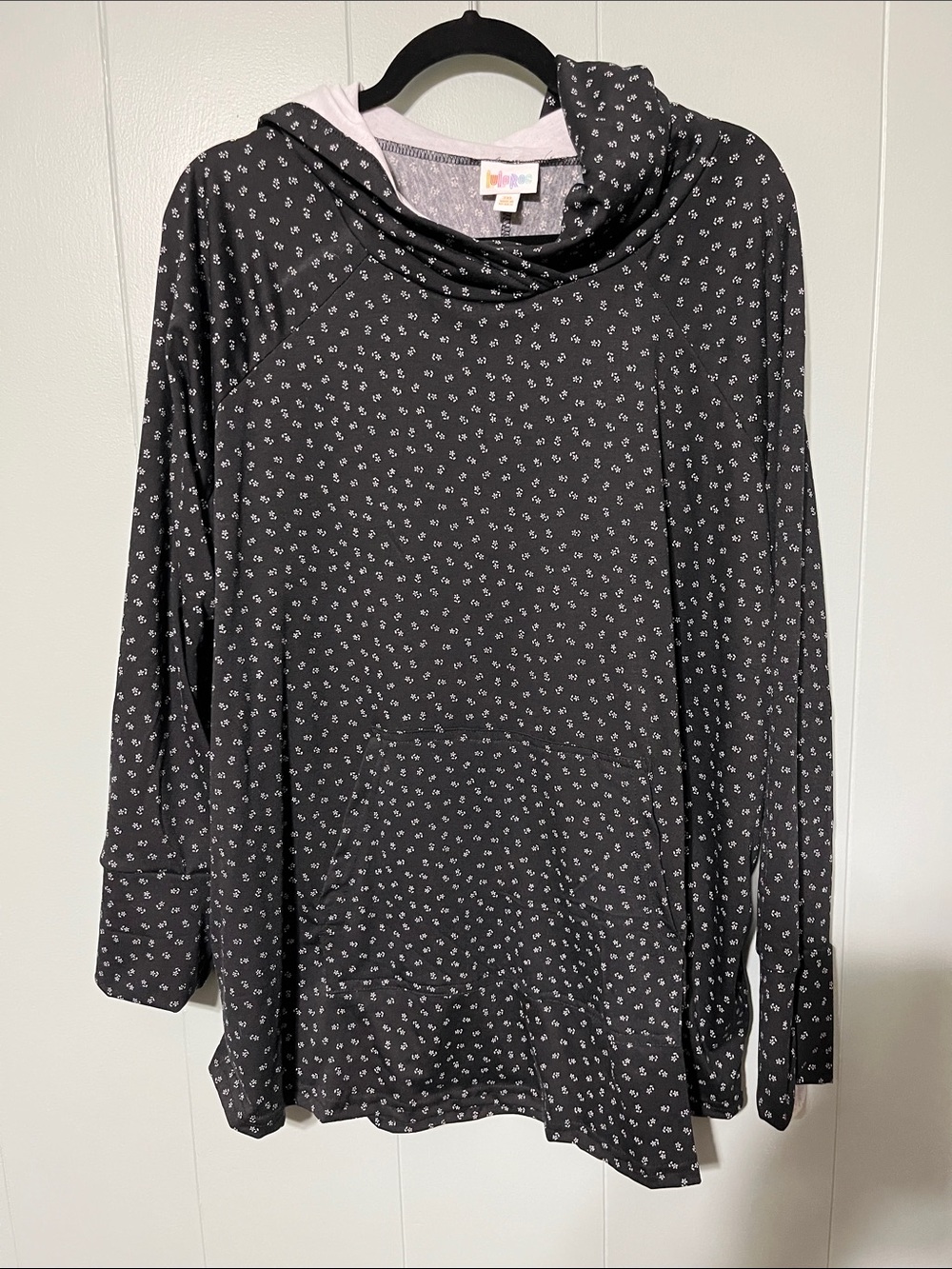 LuLaRoe Black Hooded Pullover with Tiny White Floral Print